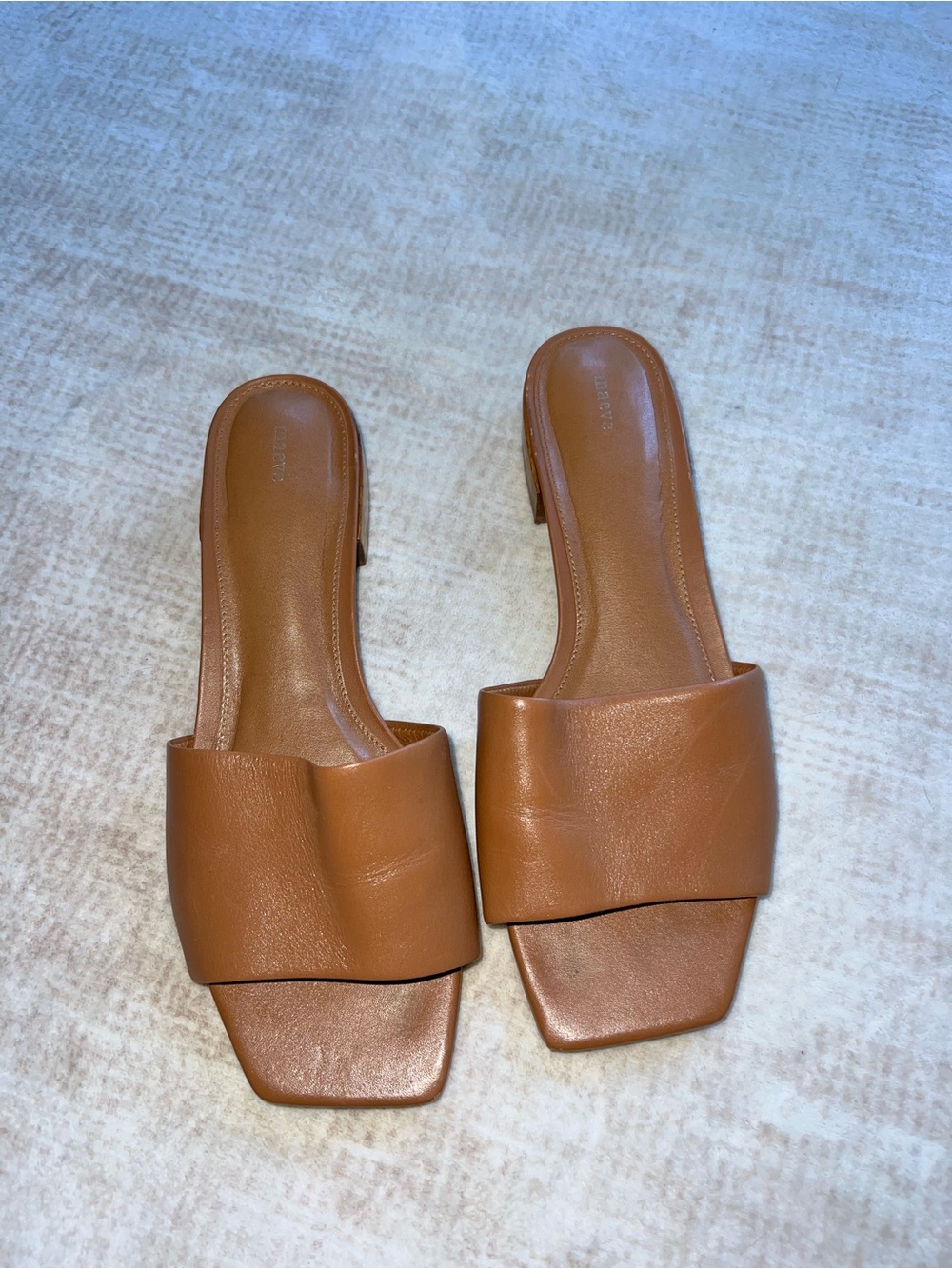 Maeve Wide-Band Slide Sandals in Cognac Brown